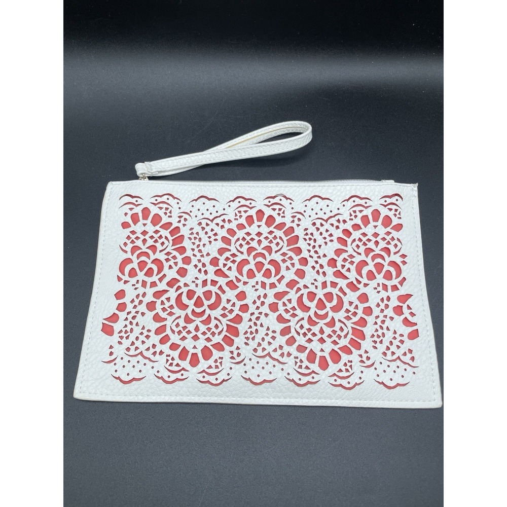 Simone Perele Paris White Leather Wristlet Clutch Laser Cut Floral